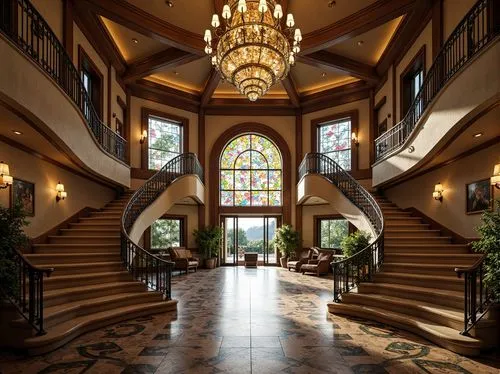 luxury home interior,hotel lobby,lobby,entryway,hallway,nemacolin,cochere,entrance hall,foyer,staircase,outside staircase,luxury hotel,banff springs hotel,gleneagles hotel,emirates palace hotel,luxury home,staircases,gaylord palms hotel,greystone,winding staircase