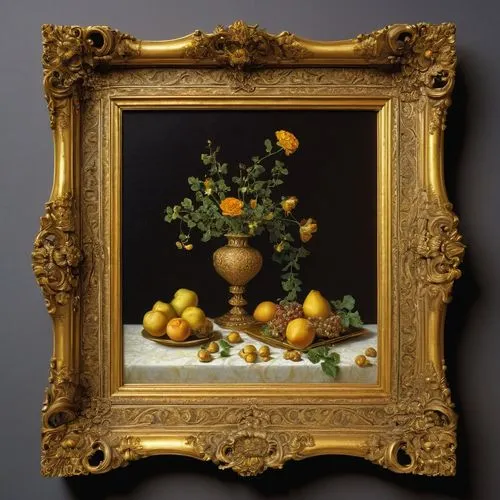 <https://s.mj.run/CK3hweQbDVc> James C christensen::3 Renaissance still life in gold ornate frame --c 33 --s 999 --v 6.0 --iw 1.4,a gold frame on the wall with a picture of flowers, fruit and nuts,arc