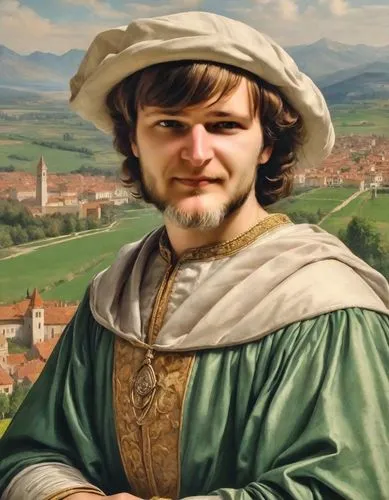 elderly Count of Venice in XV century, Shakespeare plays, In the background green fields and in the distance Glacier Mountains, in the style of paintings by renaissance artists, золото и чёрный бархат