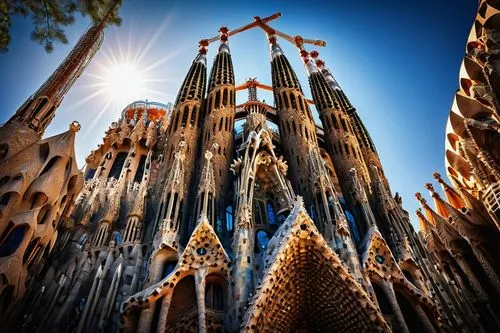 Sagrada Familia, Antoni Gaudi, intricate stone carvings, vibrant mosaic patterns, ornate ironwork, towering spires, grand staircase, stained glass windows, curved lines, organic shapes, Barcelona, Spa