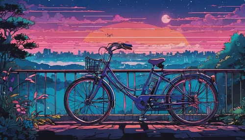 Bicycle,,,, night analog color theme, fantasy, line art, ink painting, large ink line, watercolor, gouache color, studio ghibli style, realistic stick color, synthwave art, 90s style, old texture, amp