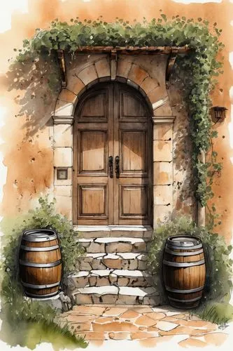 Ancient winery, Mediterranean style, stone walls, terracotta roof tiles, vines crawling up the facade, wooden doors, rusty metal gates, rolling hills, Tuscany countryside, sunset glow, warm lighting, 