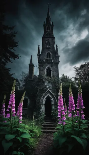 fairytale castle,witch's house,foxgloves,fairy tale castle,haunted cathedral,witch house,gothic architecture,ghost castle,haunted castle,gothic church,fairy chimney,angel's trumpets,fairy house,gothic style,black church,the black church,lupines,gothic,dark gothic mood,foxglove,Illustration,Realistic Fantasy,Realistic Fantasy 46