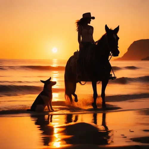 a person riding on a horse at the beach while the dog watches,cowboy silhouettes,western riding,horseriding,man and horses,horseback riding,horseback