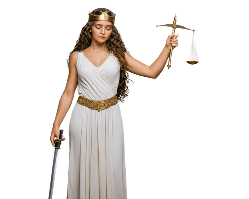 Lady Justice, blindfolded, golden scales, flowing white gown, long curly brown hair, gentle makeup, soft lighting, classical composition, warm color tone, detailed textures, holding scales in right ha