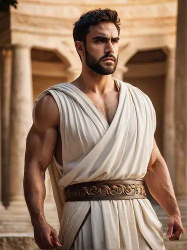 Ancient Greek theatre, actor, dramatic pose, white toga, laurel wreath, strong facial features, intense gaze, bold eyebrows, short beard, muscular arms, grand columned backdrop, marble floor, soft gol