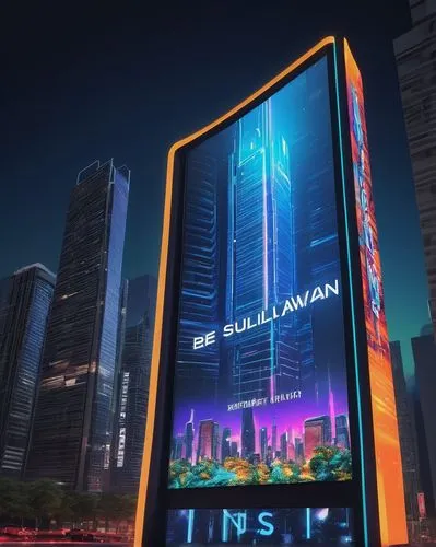 Modern advertisement sign, futuristic architectural design, sleek metallic frame, neon lights, 3D holographic display, city skyscraper, night scene, bustling streets, pedestrian traffic, commercial di