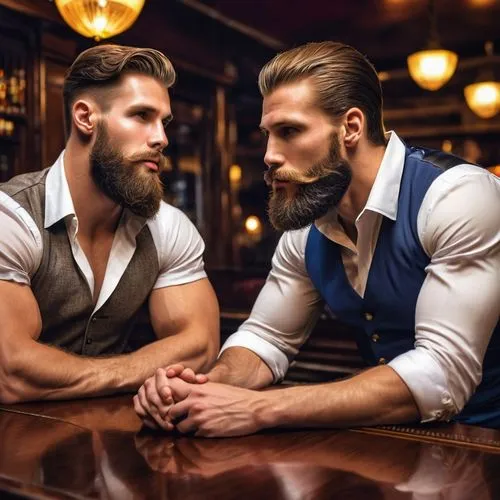 machos,beards,arm wrestling,hunks,cravat,grooms,tailors,husbandmen,bartenders,roaring twenties couple,barbershop,vintage man and woman,men sitting,gigolos,virility,plainclothesmen,waistcoats,boatbuilders,coupled,partnerlook,Photography,General,Realistic