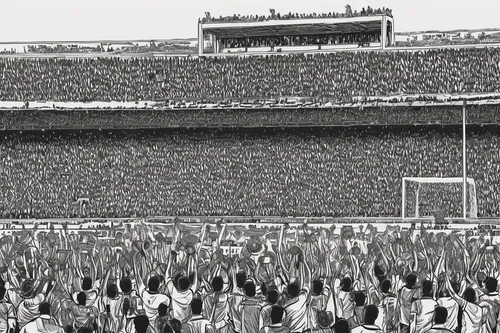 soccer world cup 1954,human chain,stadium falcon,rows of seats,sidelines,1971,rfk stadium,spectator seats,cheering,soccer-specific stadium,raised hands,1973,1967,athletic field,marching band,vintage 1978-82,football stadium,pageantry,empty seats,crowd,Illustration,Black and White,Black and White 16