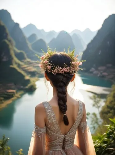 spectacular scene of Ha Giang nature in the background, layers of rounded karst mountains, a beautiful picturesque valley and a sparkling small lake in the middle, prosperous feeling overall,a woman w