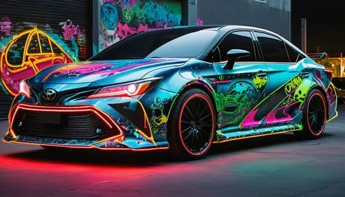 Crazy futuristic car design with huge spoilers, glowing skirts, neon lights, metallic cover, toyota carina concept,3d car wallpaper,toyota ft-hs,prius c,neon arrows,toyota yaris,mercedes amg a45,toyot