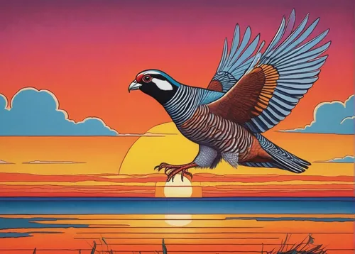 Compose a peaceful poem about a partridge soaring through a vibrant sunset sky.,chukar,chukar partridge,bobwhite,bird illustration,eagle illustration,bird painting,coastal bird,ornithology,prairie chi