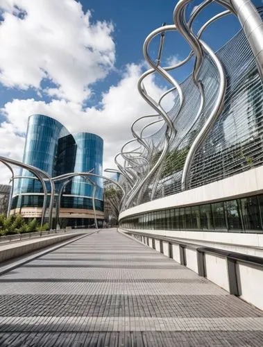 external perspective of a modern building constructed with tubular steel and glass. the central tube branches out to form the various secondary tubes,autostadt wolfsburg,tiger and turtle,glass facade,