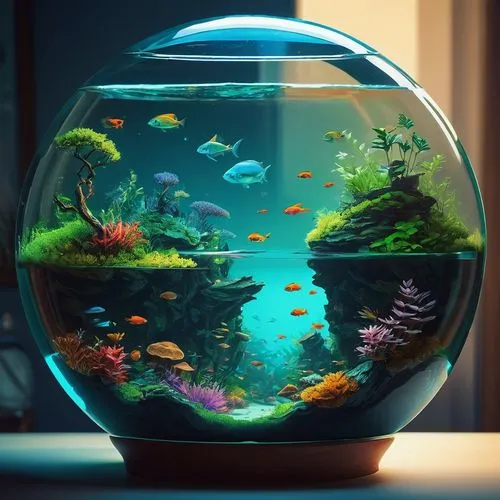 O Planeta Terra sendo representado em um aquário redondo flutuante sem apoio de nada, com cores bem nitidas e bem realista,aquarium decor,aquarium,fish tank,fishbowl,underwater background,underwater l