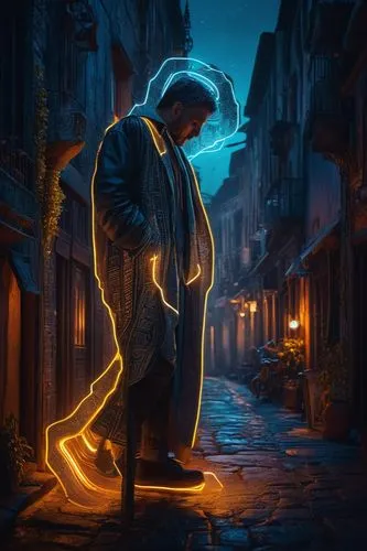 caminando por una calle futurista de noche ,world digital painting,cg artwork,drawing with light,sci fiction illustration,photomanipulation,digital painting,fire artist,night scene,photoshop manipulat