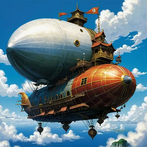 airship,airships,skyship,air ship,dirigible,blimp,aerostat,dirigibles,aerostats,heliborne,blimps,airmobile,bathysphere,skycar,zeppelins,skycycle,gas balloon,steamboy,skyvan,technodrome,Illustration,Japanese style,Japanese Style 05