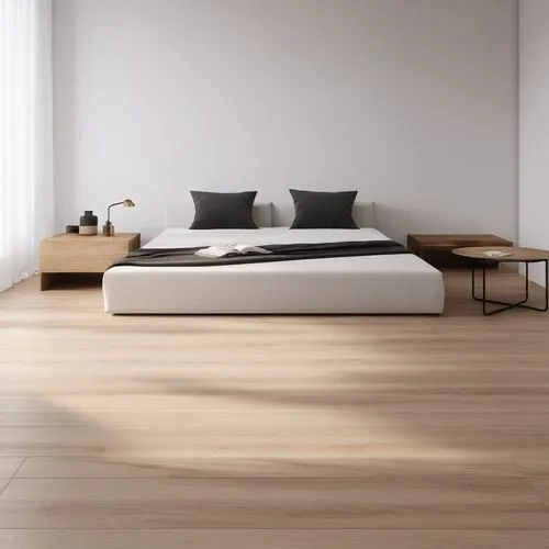 crear un renderizado minimalista, con piso ceramico de 60x60 cm blanco, muebles en madera y metal, encimera de cocina de marmol negro
no colocar sombra, las camas deben ser con sabanas marrones , los 