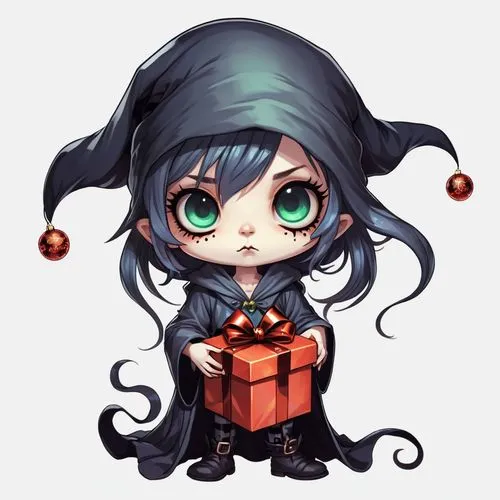 christmas imp,chibi girl,christmas items,secret santa,oneko,chibi,Illustration,Abstract Fantasy,Abstract Fantasy 11