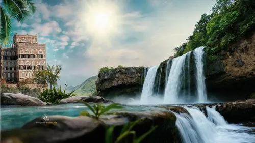 The top of the waterfall and the clear sky,lorestan,salalah,gioc village waterfall,khuzestan,iranshahr,waterfalls,darband,khorramshahr,mahabad,kermanshah,green waterfall,xcaret,havasupai,landscape bac