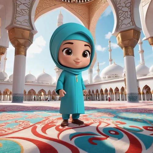 Describe the atmosphere inside a bustling mosque during Friday prayers.,cute cartoon character,islamic girl,girl praying,hijaber,allah,cute cartoon image,jilbab,fatima,hijab,muslima,sultan,ramadan bac