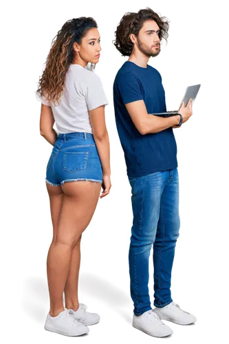 Two people, male and female, young adults, casual wear, jeans and T-shirts, standing back to back, holding laptops, working together, serious expressions, messy hair, minimal makeup, natural light, so