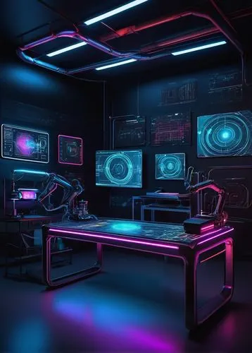 computer room,computer desk,ufo interior,80's design,cyber,sci fi surgery room,computer workstation,desk,cyberspace,3d background,neon coffee,neon,cinema 4d,cyberpunk,neon light,3d render,working space,the server room,computer art,futuristic,Illustration,Abstract Fantasy,Abstract Fantasy 06