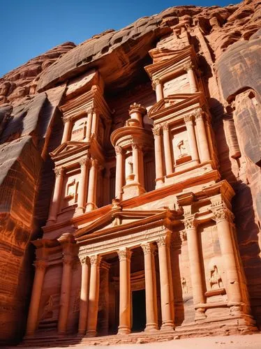 Ancient Petra, Jordan, historic landmark, monumental structure, intricately carved sandstone facade, majestic arches, towering columns, vibrant red-orange color, Middle Eastern architecture, rustic st