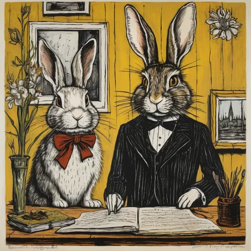 rabbits and hares,rabbits,easter rabbits,rabbit family,hares,fox and hare,hare window,american snapshot'hare,audubon's cottontail,easter card,retro easter card,female hares,leveret,hare trail,gray hare,book illustration,domestic rabbit,vintage illustration,bunnies,anthropomorphized animals,Art,Artistic Painting,Artistic Painting 01