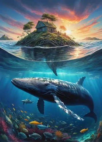 wyland,marine reptile,humpback whale,underwater landscape,pliosaurus,dolphin background,Illustration,Realistic Fantasy,Realistic Fantasy 06