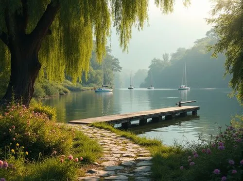 Serene lakefront, sunny afternoon, calm waters reflecting surrounding trees, lush greenery, vibrant flowers blooming along the shore, a winding stone path leading to a secluded wooden dock, few sailbo