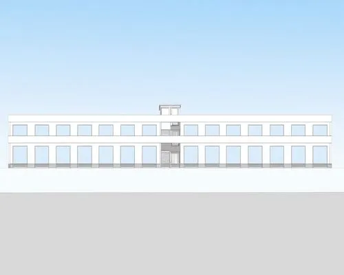 an exterior drawing of a building with a balcony in the center of it,minimalist,industrial building,lonely house,minimalism,empty factory,house silhouette,prison,minimalistic,pixel art,rectilinear,min