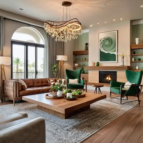 A modern dining area featuring a wooden table surrounded by six green chairs with wooden legs. Above the table hangs a stylish chandelier. In the background, a cozy brown leather couch with decorative