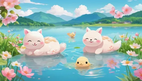 Create a romantic poem inspired by the serene ambiance of Laacher Lake.,kawaii people swimming,kawaii animals,easter background,spring background,springtime background,round kawaii animals,cute cartoo