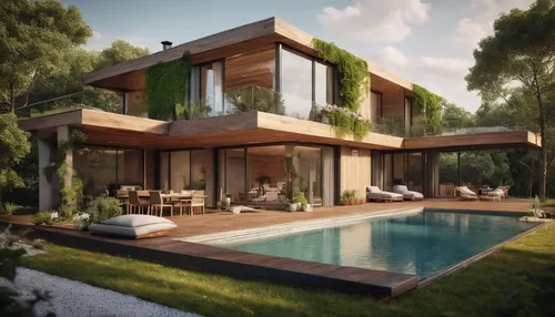 there is a picture of a modern house with a green roof, realistic render, render vray, architectural 3 d render, render in vray, vray render, 3 d vray render, concept house, professional render, semi 