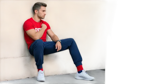 red socks,male model,boys fashion,men clothes,men's wear,sports socks,male poses for drawing,sports uniform,sports sock,long-sleeved t-shirt,red-blue,red shoes,mens shoes,bicycle clothing,sportswear,red background,men sitting,carpenter jeans,sports gear,pompadour,Conceptual Art,Daily,Daily 25