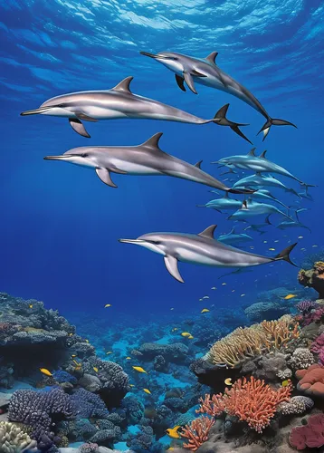 common dolphins,oceanic dolphins,sea animals,dolphin fish,wrasses,coral reef fish,marine life,bottlenose dolphins,dolphins in water,sea life underwater,marine diversity,remora,school of fish,ray-finned fish,marine fish,underwater landscape,underwater background,aquatic animals,diving fins,shoal,Illustration,Retro,Retro 08