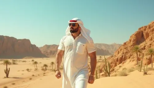 Desert landscape, sandy dunes, cactus trees, clear blue sky, hot sunny day, 30yo muscular man, Arabic attire, white thawb, red keffiyeh, sunglasses, beard, mustache, strong facial features, posing her