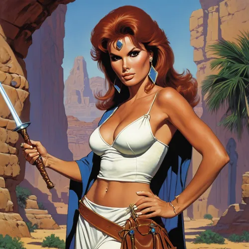 A young Raquel Welsh as an RPG mage,maureen o'hara - female,fantasy woman,desert rose,princess leia,swordswoman,retro women,artemisia,female warrior,femme fatale,firestar,kosmea,sorceress,retro woman,