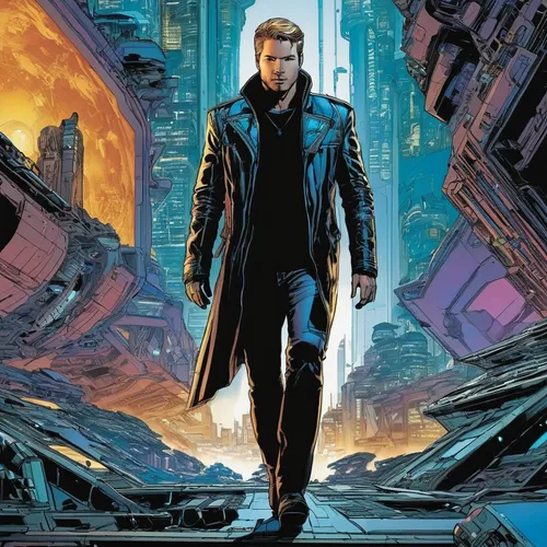 star-lord peter jason quill,terminator,magneto-optical disk,sci fiction illustration,solo,magneto-optical drive,cg artwork,jacket,avenger,tony stark,guardians of the galaxy,lando,overcoat,comic book,destroy,god of thunder,regeneration,renegade,action hero,the suit,Illustration,American Style,American Style 04