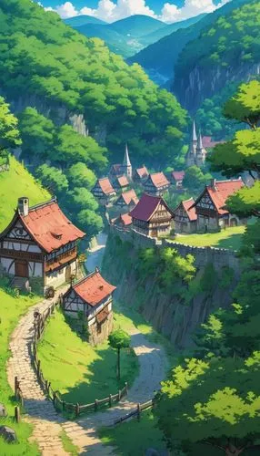 mountain village,ghibli,meteora,studio ghibli,japan landscape,alpine village,mountain settlement,villages,kazoku,kanto,green valley,yoshikuni,tianxia,valley,mountain valley,yazaki,rikkyo,mountain scene,ancient city,butka,Illustration,Japanese style,Japanese Style 03