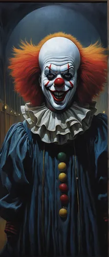 In a deserted amusement park, a horror clown lurks in the shadows.,horror clown,creepy clown,scary clown,clown,rodeo clown,it,ronald,clowns,mcdonald,ringmaster,oil painting on canvas,oil on canvas,syn