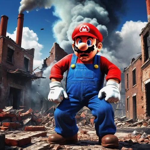 super mario brothers,super mario,mario,mario bros,luigi,plumber,petrol-bowser,fuel-bowser,smash,nintendo,greed,red super hero,home destruction,explosion destroy,fireman,videogames,prepare to stop,fire-fighting,fire disaster,fighter destruction,Art,Artistic Painting,Artistic Painting 51