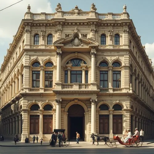 Neoclassical architecture, grand building facade, brick material, ornate columns, detailed carvings, symmetrical composition, warm beige tone, rustic texture, subtle weathering effect, soft afternoon 