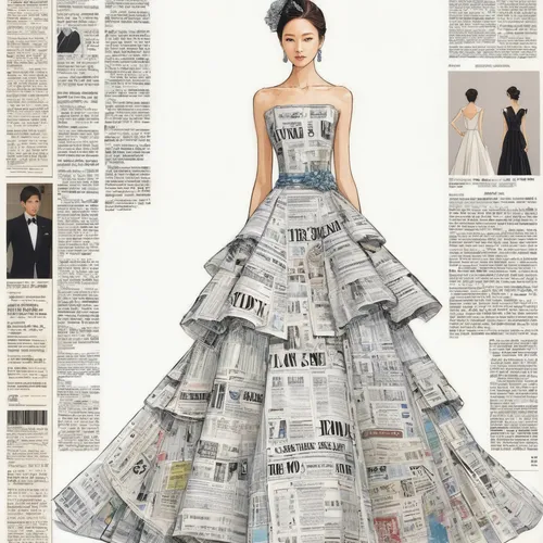 fashion illustration,ball gown,paper art,wedding gown,evening dress,fashion design,fashion vector,bridal party dress,retro paper doll,newspapers,overskirt,evening paper,wedding dress,fashion designer,bridal dress,paper doll,newspaper,newspaper advertisements,pile of newspapers,cocktail dress,Illustration,Japanese style,Japanese Style 10