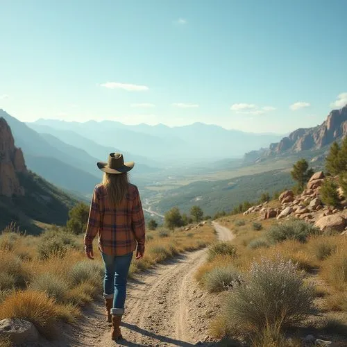 Plateau landscape, vast open space, rugged terrain, endless blue sky, rocky outcrops, sparse trees, wildflowers blooming in cracks, winding dirt roads, solitary figure walking towards horizon, gentle 