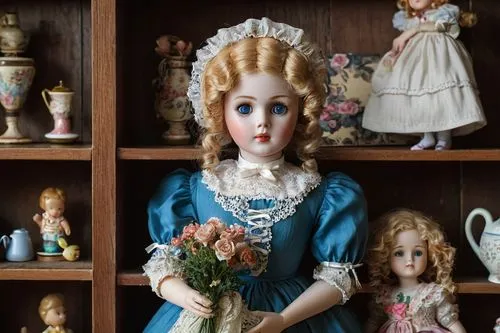 Realistic porcelain doll, Victorian-era inspired, intricately painted face, rosy cheeks, blue eyes, curly blonde hair, lace-trimmed dress, puffed sleeves, satin ribbon tied around waist, delicate fing