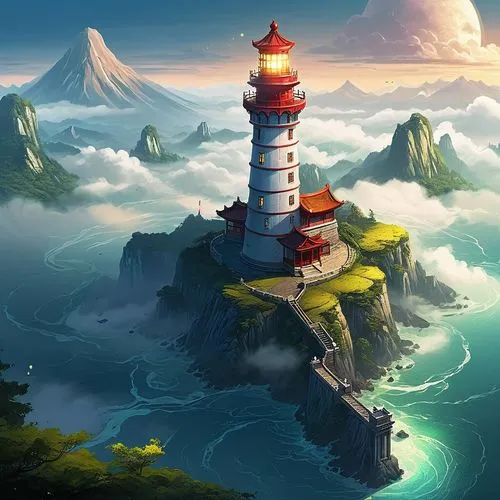 a picture of a lighthouse surrounded by clouds in a body of water,lighthouse,lighthouses,light house,electric lighthouse,red lighthouse,petit minou lighthouse,Illustration,Realistic Fantasy,Realistic 