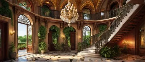 ornate room,staircase,rivendell,entrance hall,hallway,outside staircase,the threshold of the house,winding staircase,staircases,cochere,entryway,archways,dandelion hall,circular staircase,dreamhouse,fairy tale castle,mansion,royal interior,3d rendering,entranceway,Illustration,Abstract Fantasy,Abstract Fantasy 22