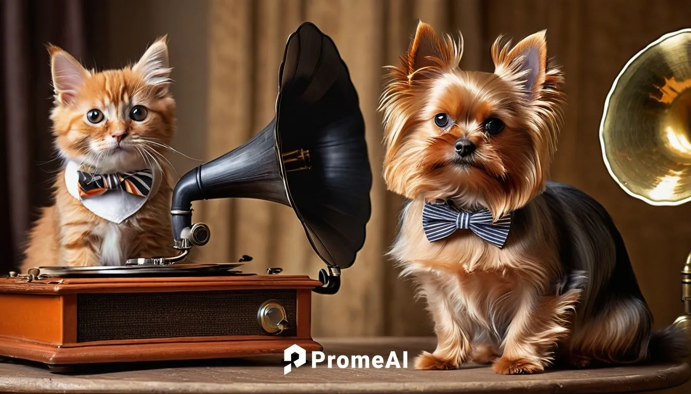 A Yorkshire terrier with a bow tie, and a fluffy orange cat with a striped collar, sitting on a vintage gramophone with music ,gramophone,gramophones,gramaphone,phonograph,the gramophone,gramophone re