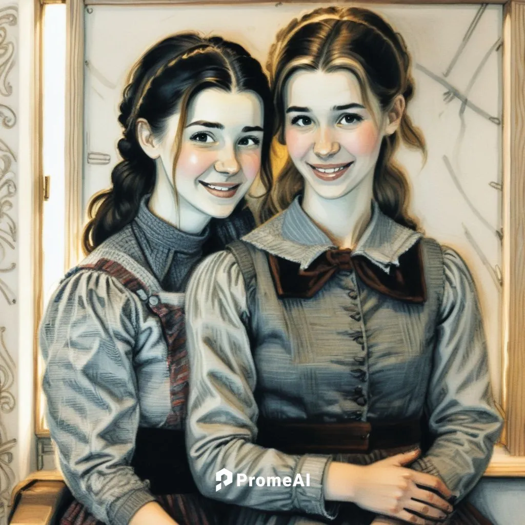 A cozy living room. Two girls snuggle together in a small wooden chair, laughing and sharing love. The soft light of a nearby lamp casts a warm glow on their faces.,two girls,the victorian era,joint d